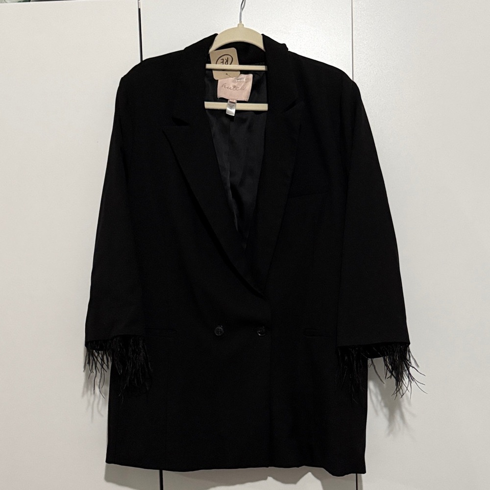 Hutch Elegant Black Blazer with Feather Accents